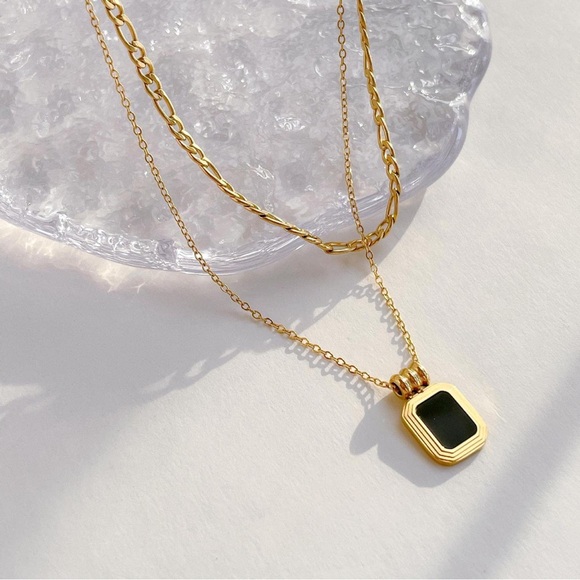 18K Gold Double Layered Necklace*Figaro Chain*Dainty*Gold Waterproof Jewelry*YB - Picture 4 of 10